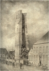 Tekening uit 1887 van de ingestorte toren van Geldrop door J. Rijken